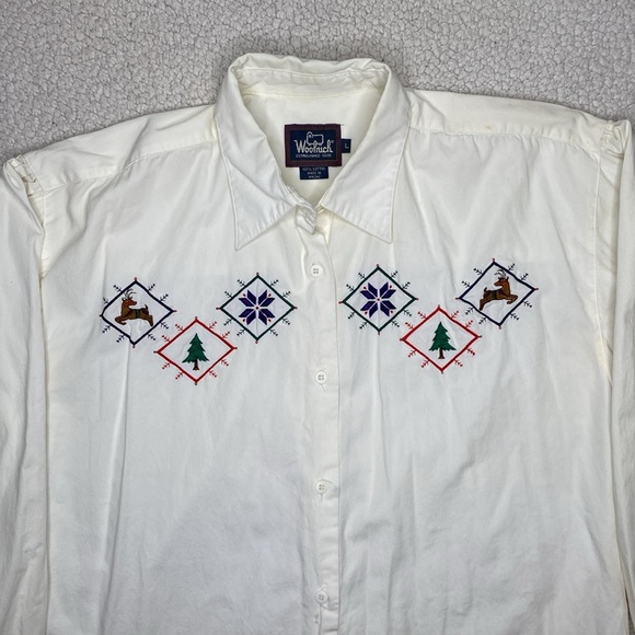 Vintage Woolrich Christmas Embroidered Long Sleeve Button Up Shirt: Size Large - Picture 3 of 11